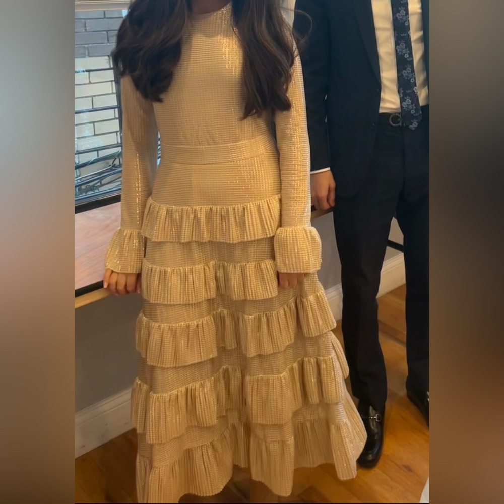 Tiered Ruffle Long Sleeve Maxi Dress in Champagne
